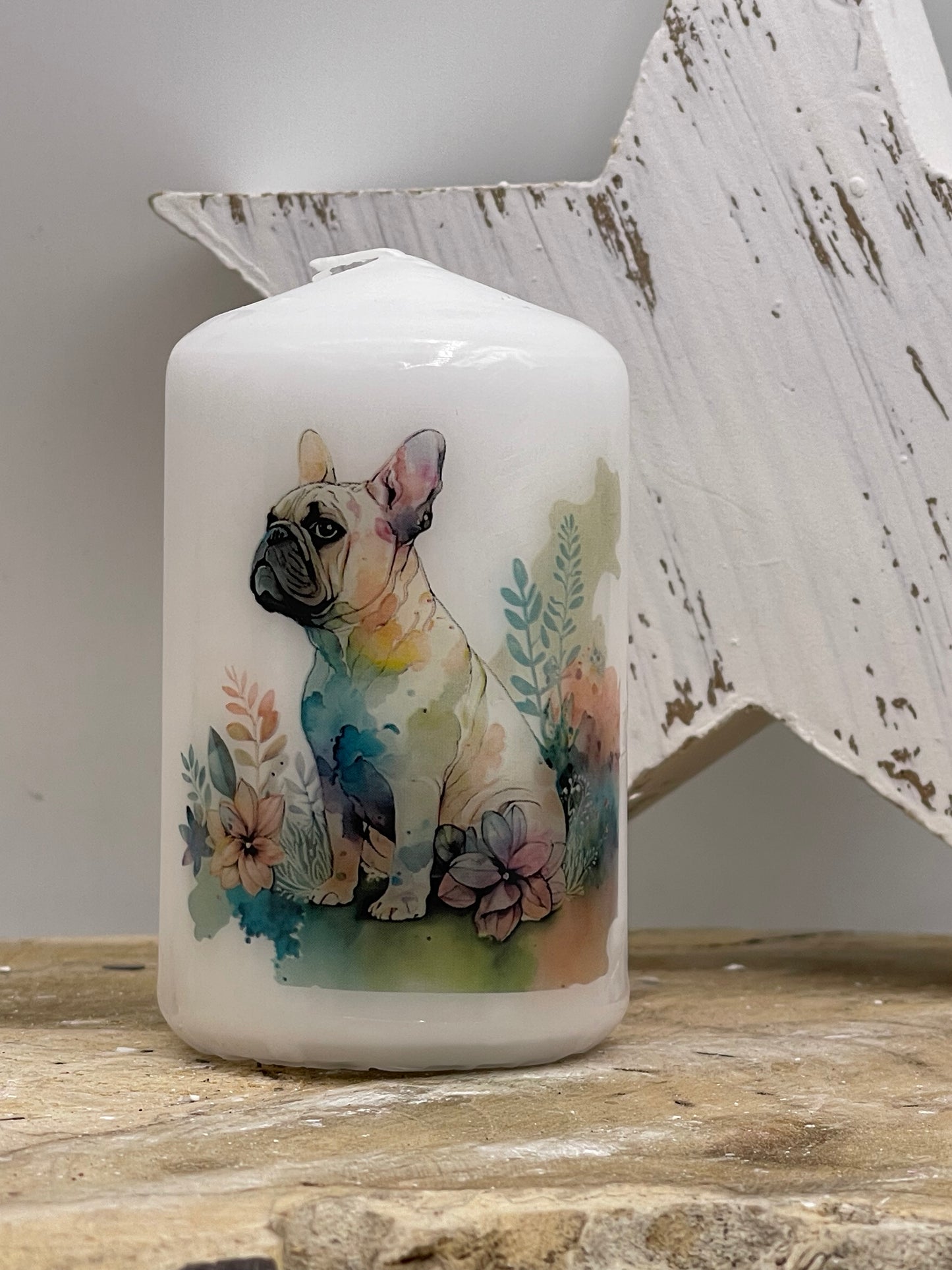 Französische Bulldogge Kerze / Stumpenkerze Floral #10