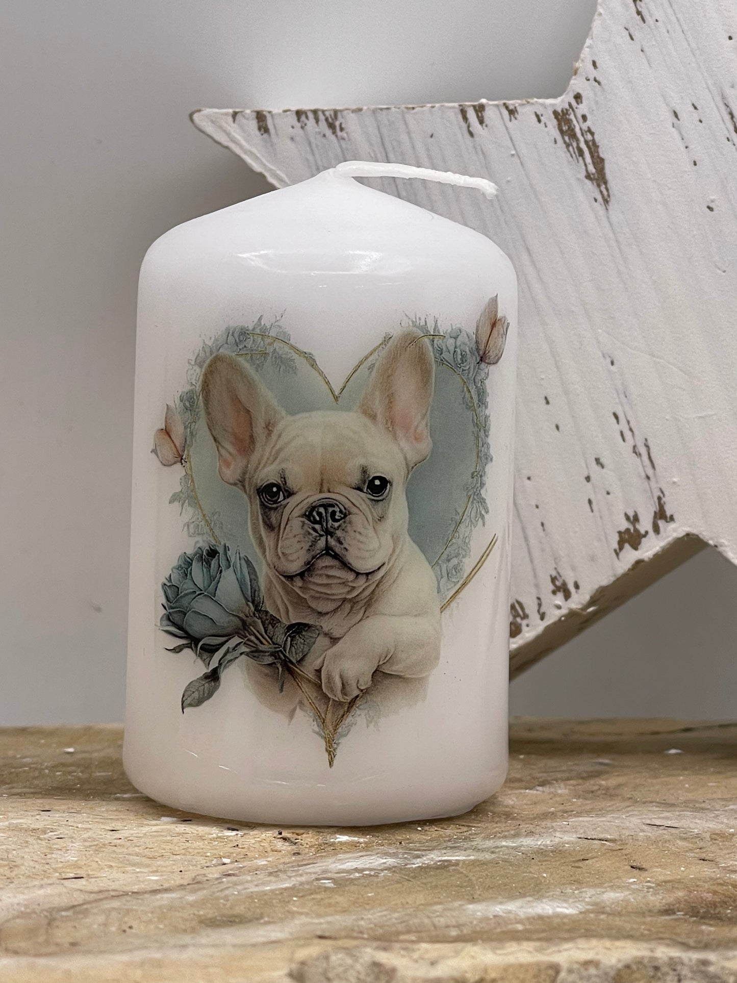 Französische Bulldogge Kerze / Stumpenkerze Floral #11
