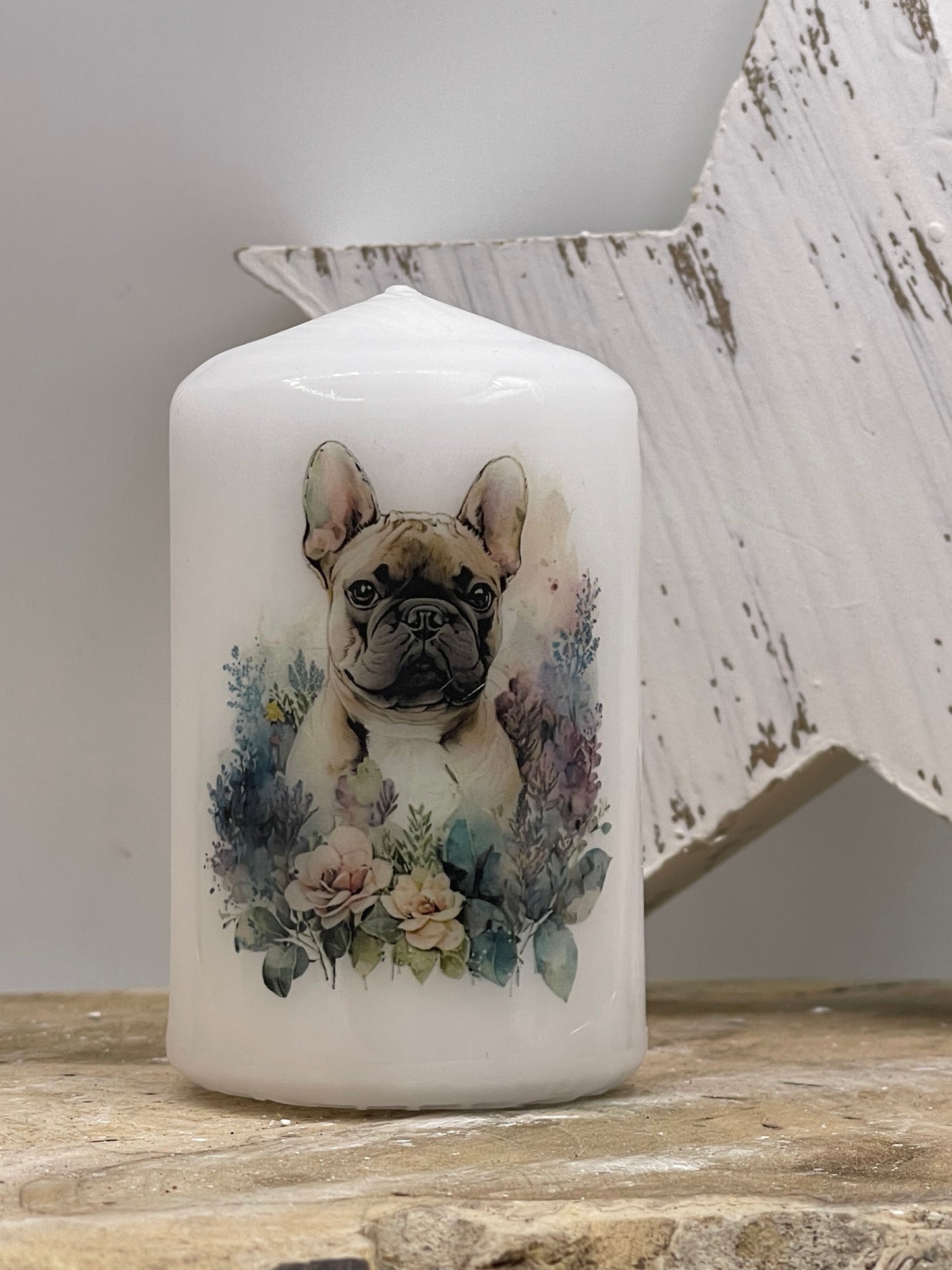Französische Bulldogge Kerze / Stumpenkerze Floral #9