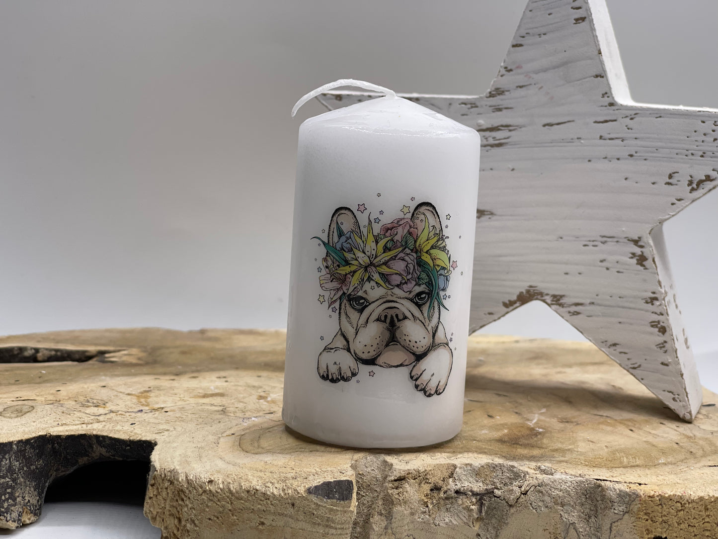Französische Bulldogge Kerze / Stumpenkerze Floral #3