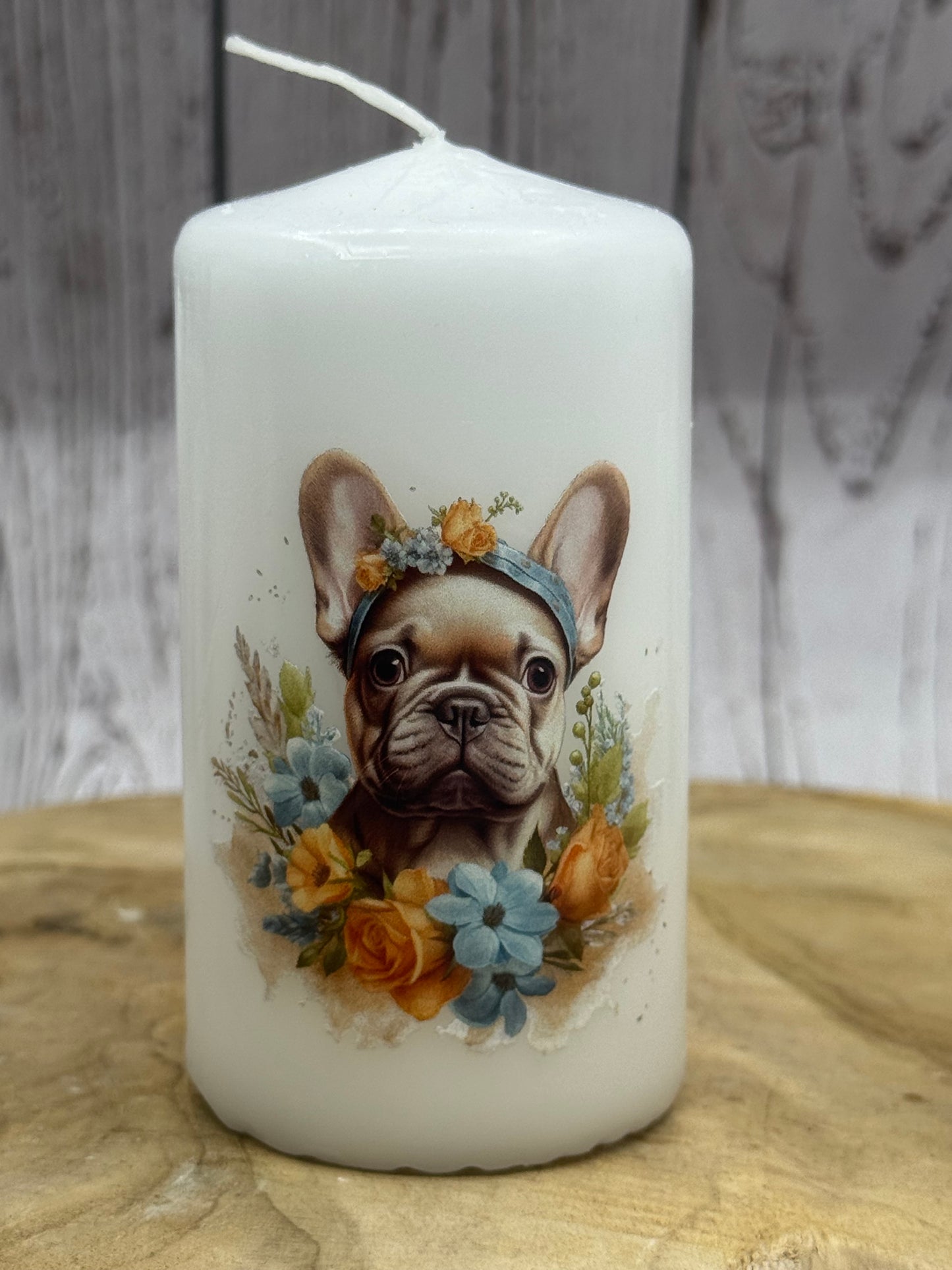 Französische Bulldogge Kerze / Stumpenkerze Floral #13