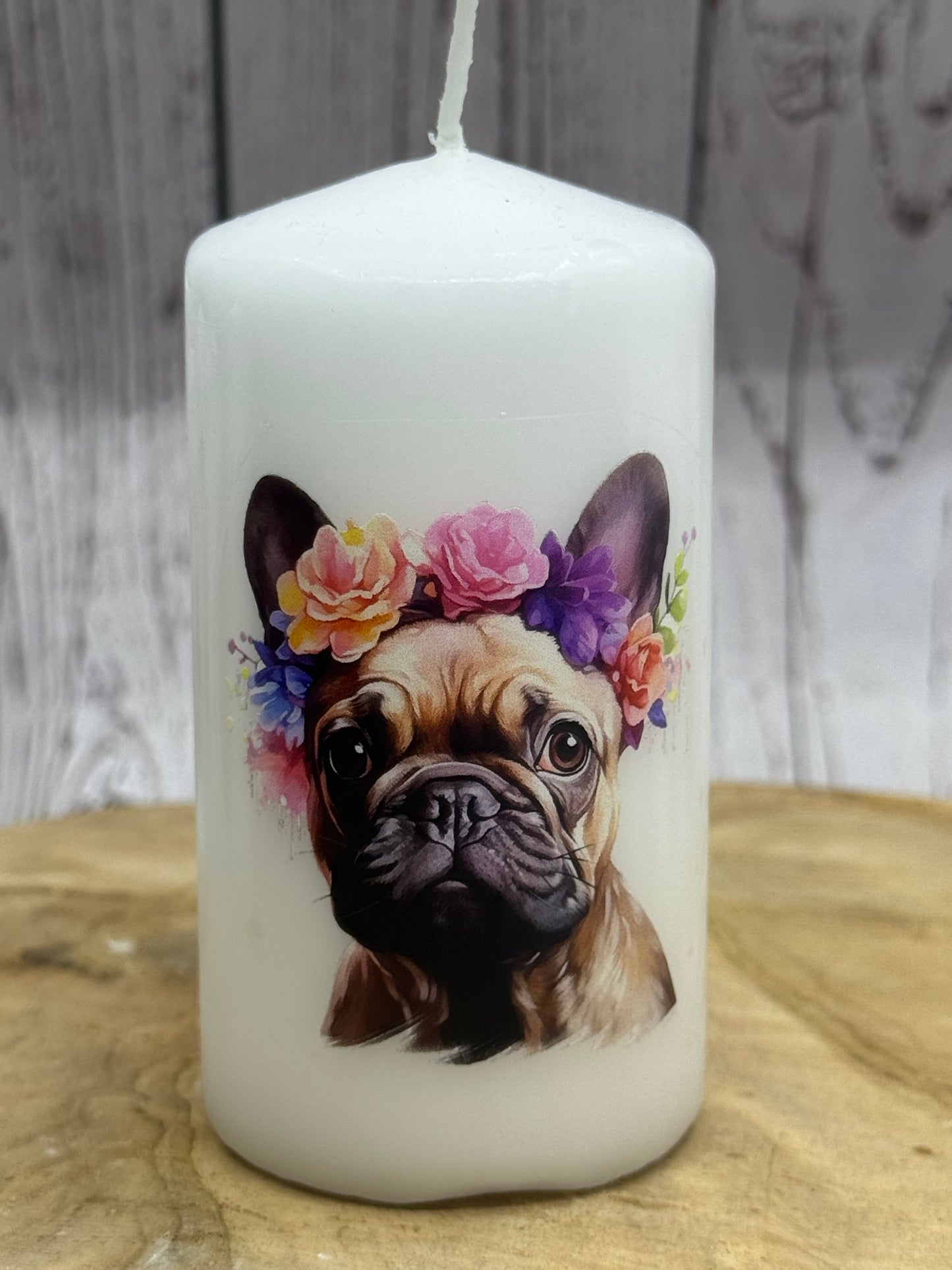 Französische Bulldogge Kerze / Stumpenkerze Floral #15