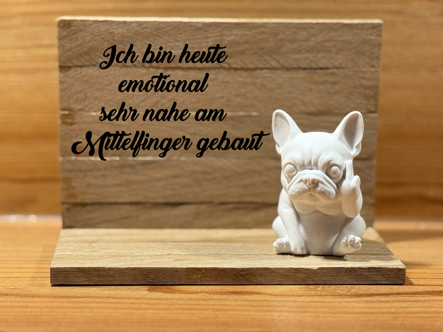Französische Bulldogge Dekotablett / Holztablett - Mittelfinger