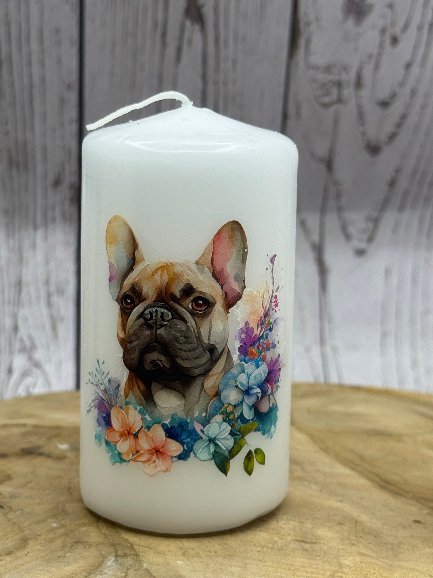 Französische Bulldogge Kerze / Stumpenkerze Floral #14