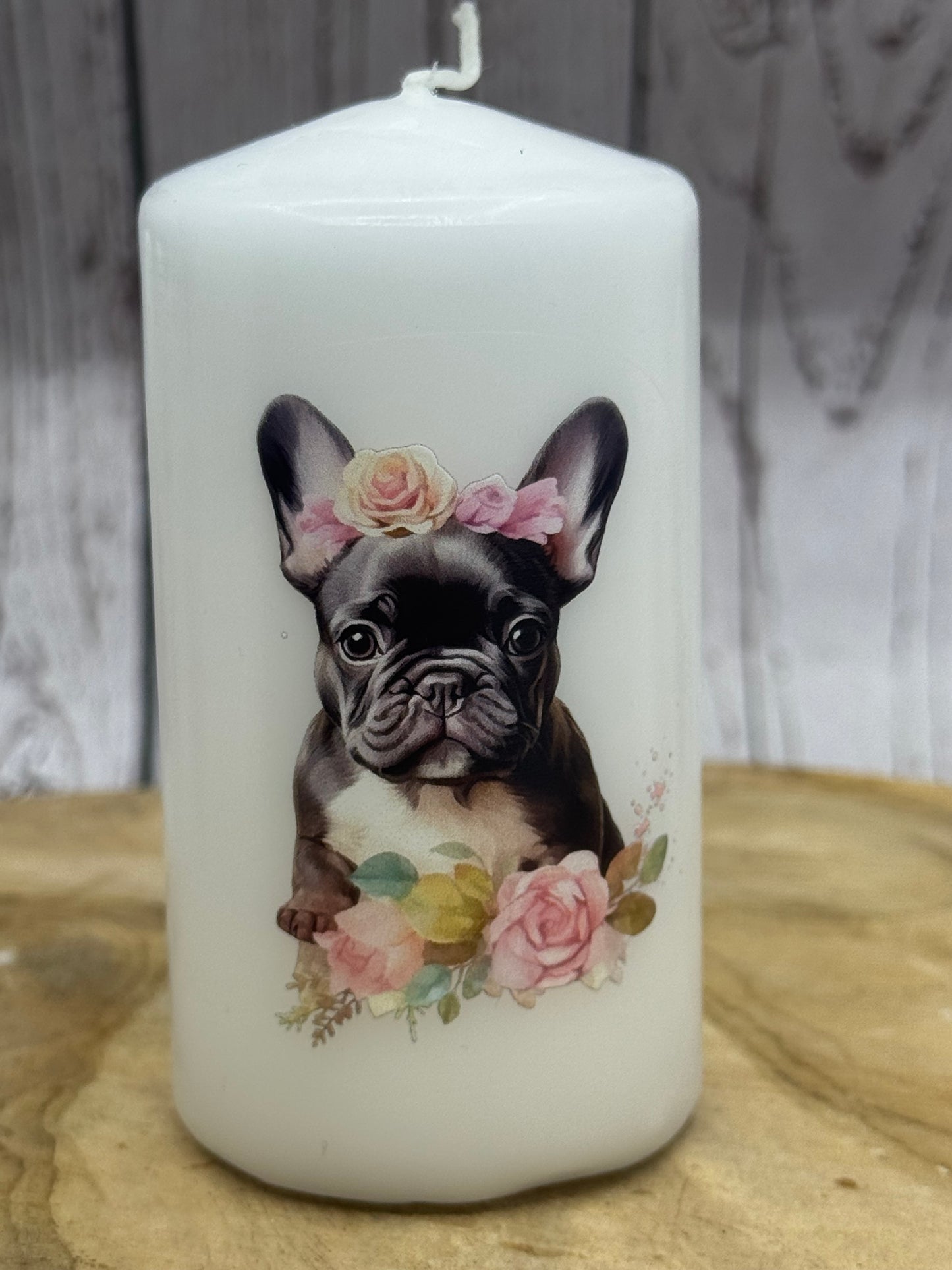 Französische Bulldogge Kerze / Stumpenkerze Floral #16