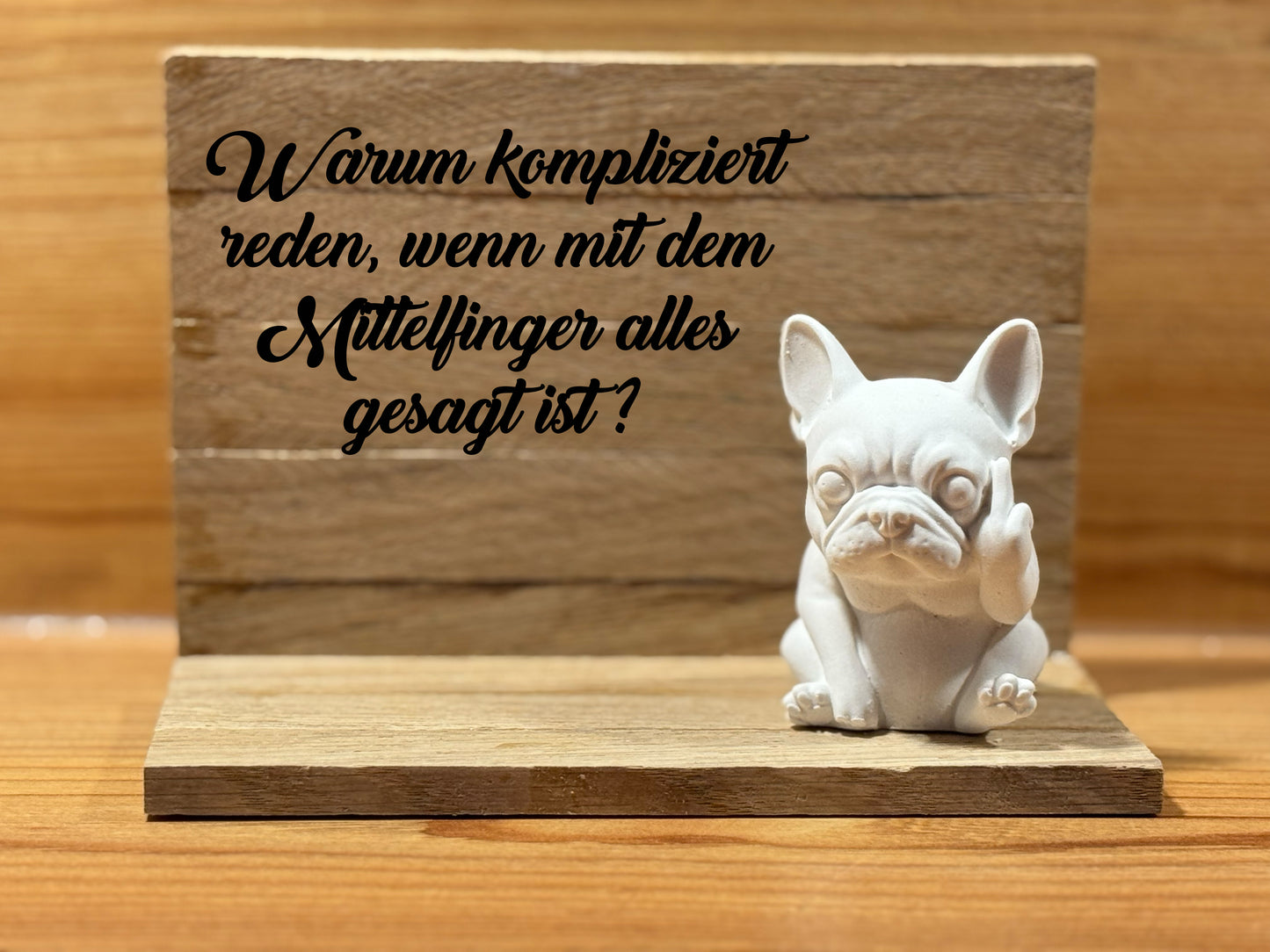 Französische Bulldogge Dekotablett / Holztablett - Mittelfinger