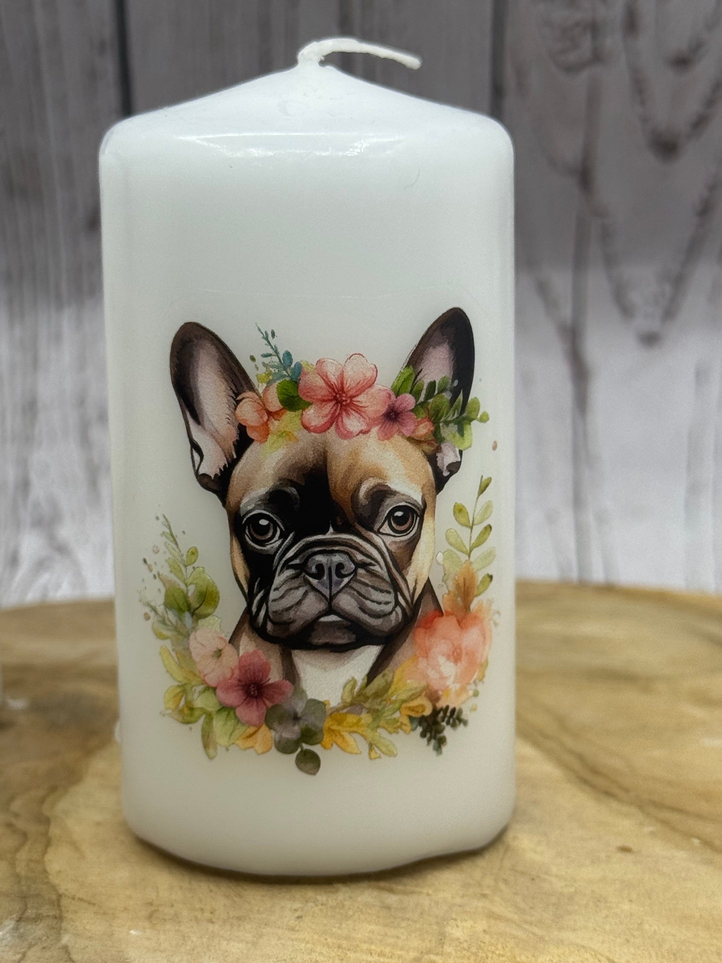 Französische Bulldogge Kerze / Stumpenkerze Floral #12