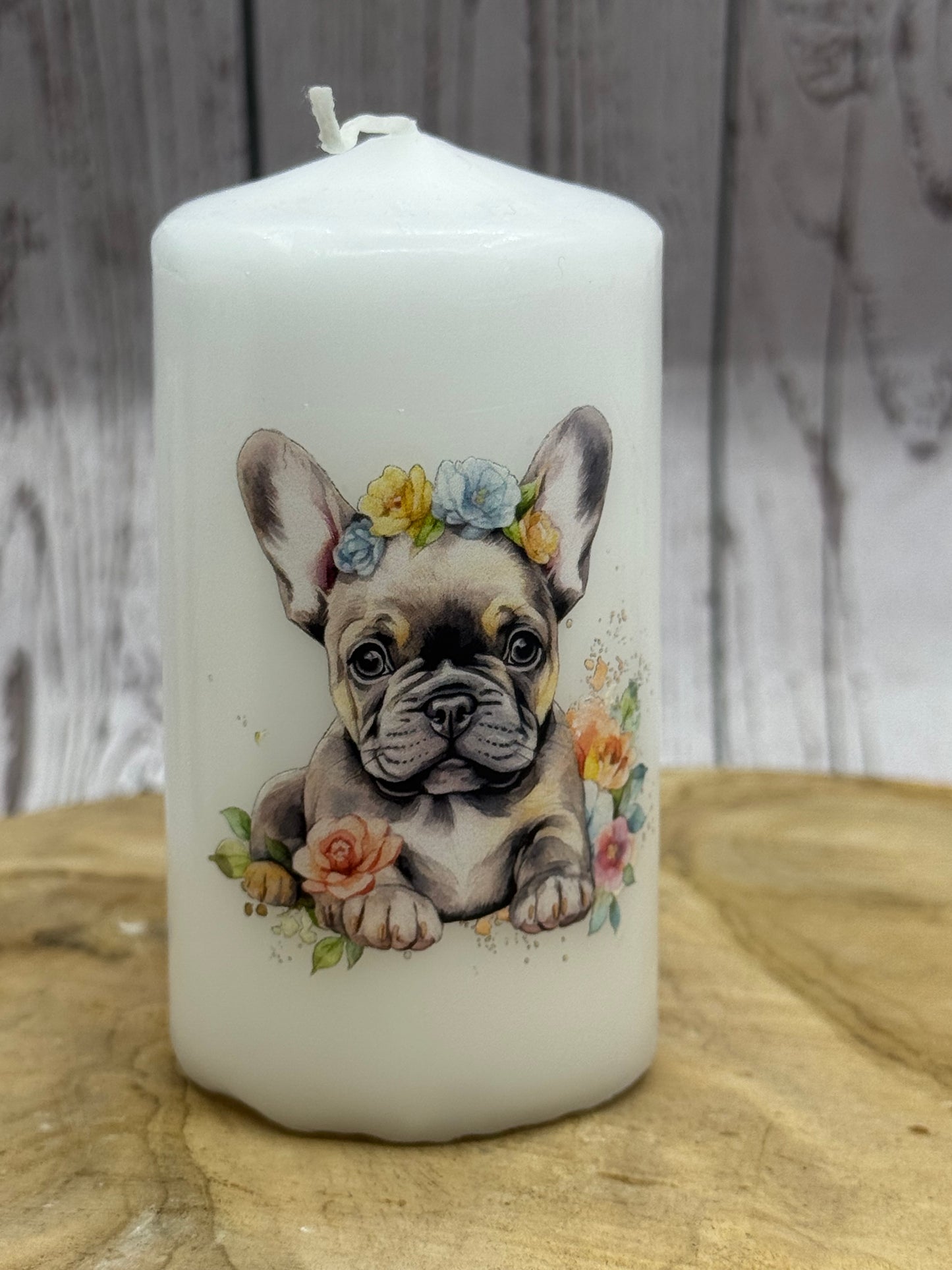 Französische Bulldogge Kerze / Stumpenkerze Floral #17