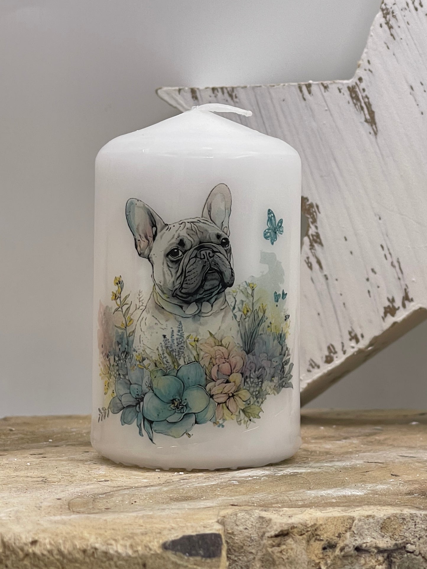 Französische Bulldogge Kerze / Stumpenkerze Floral #7