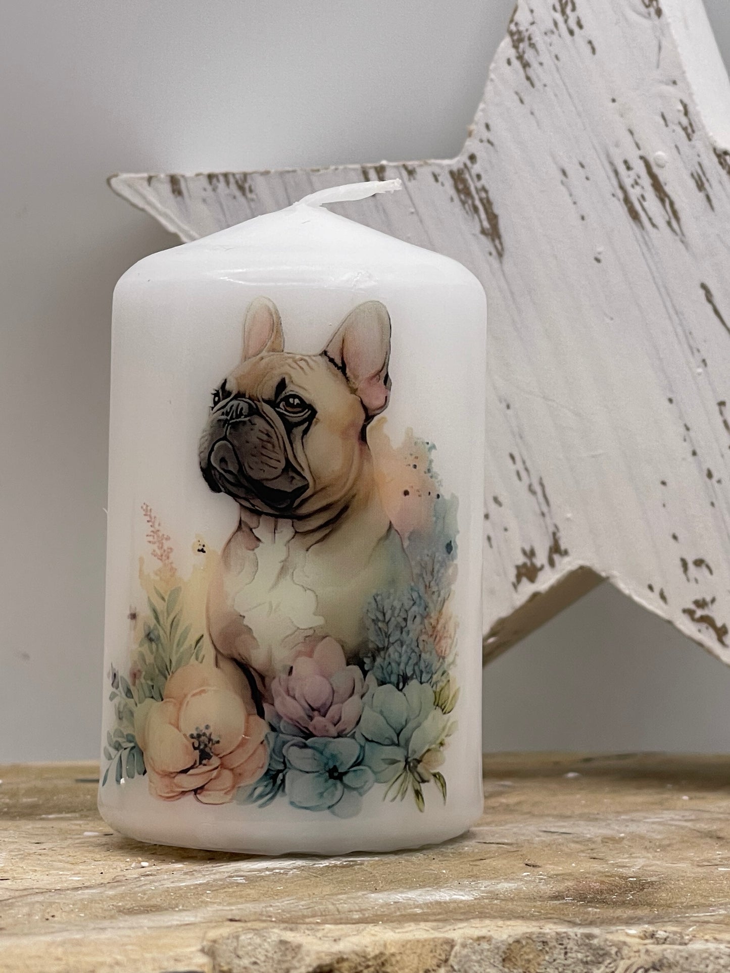 Französische Bulldogge Kerze / Stumpenkerze Floral #8