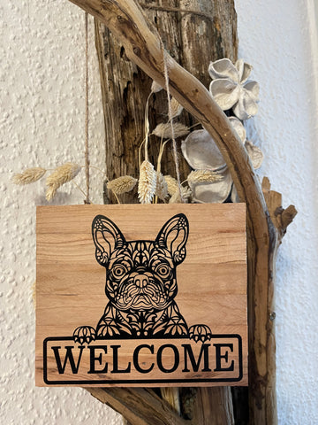 Französische Bulldogge Türschild / Dekoschild Welcome Holz