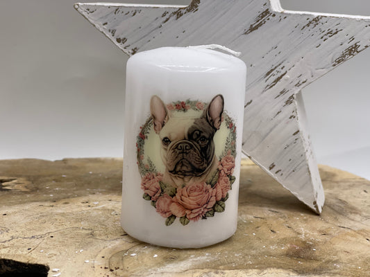 Französische Bulldogge Kerze / Stumpenkerze Floral #4