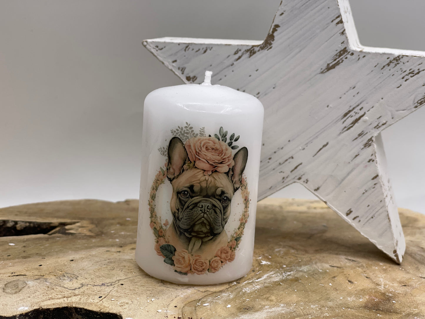 Französische Bulldogge Kerze / Stumpenkerze Floral #6